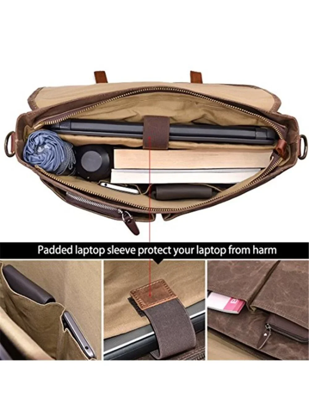 Mens Messenger Bag Leather Waxed Canvas Laptop Briefcase Crossbody Satchel